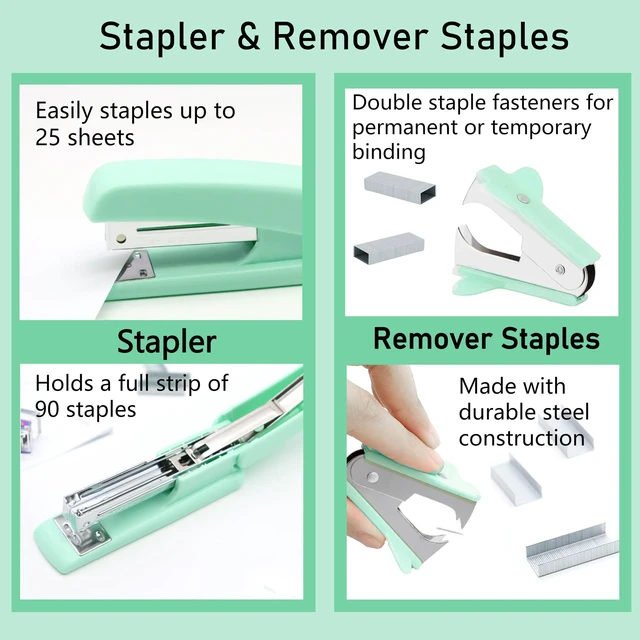 Alt view image 3 of 6 - Green Desk Accessories, Green Office Supplies, Stapler, Staple Remover, Tape Holder, Pen Holder, Ballpoint Pen, Scissor, Binder Clips, Paper Clips and 1000pcs Staples