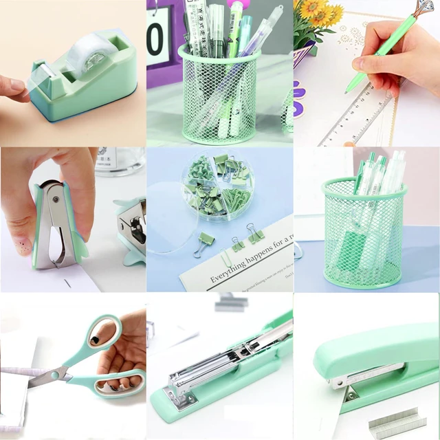 Alt view image 5 of 6 - Green Desk Accessories, Green Office Supplies, Stapler, Staple Remover, Tape Holder, Pen Holder, Ballpoint Pen, Scissor, Binder Clips, Paper Clips and 1000pcs Staples