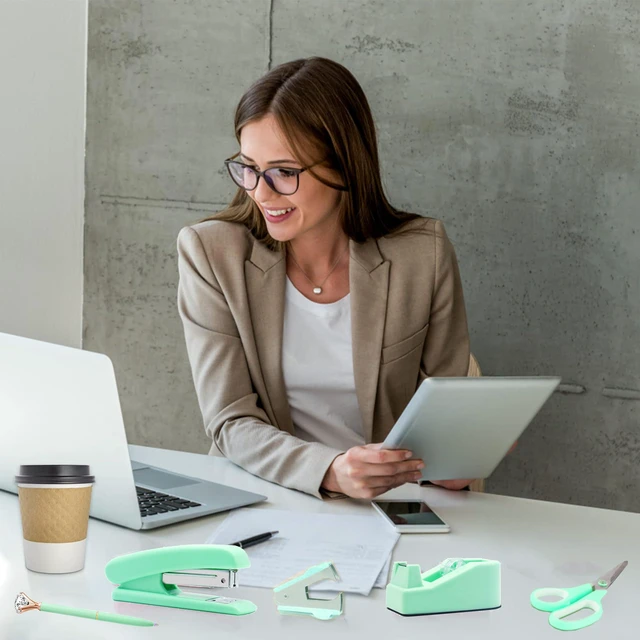 Alt view image 6 of 6 - Green Desk Accessories, Green Office Supplies, Stapler, Staple Remover, Tape Holder, Pen Holder, Ballpoint Pen, Scissor, Binder Clips, Paper Clips and 1000pcs Staples