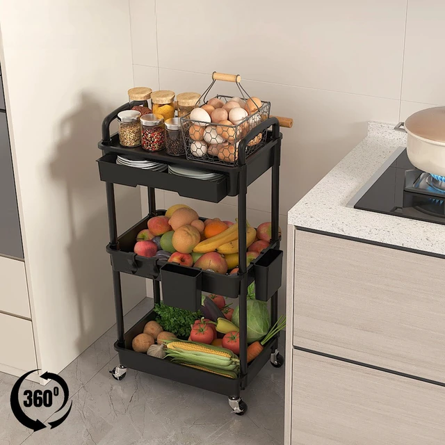 Alt view image 4 of 7 - 3 Tier Rolling Utility Cart with Drawer, Plastic Storage Organizer Rolling Carts with Wheels Handles Hanging Cups Hooks for Office, Bathroom, Kitchen,Craft Art Room (Black)