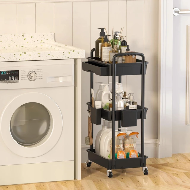 Alt view image 6 of 7 - 3 Tier Rolling Utility Cart with Drawer, Plastic Storage Organizer Rolling Carts with Wheels Handles Hanging Cups Hooks for Office, Bathroom, Kitchen,Craft Art Room (Black)