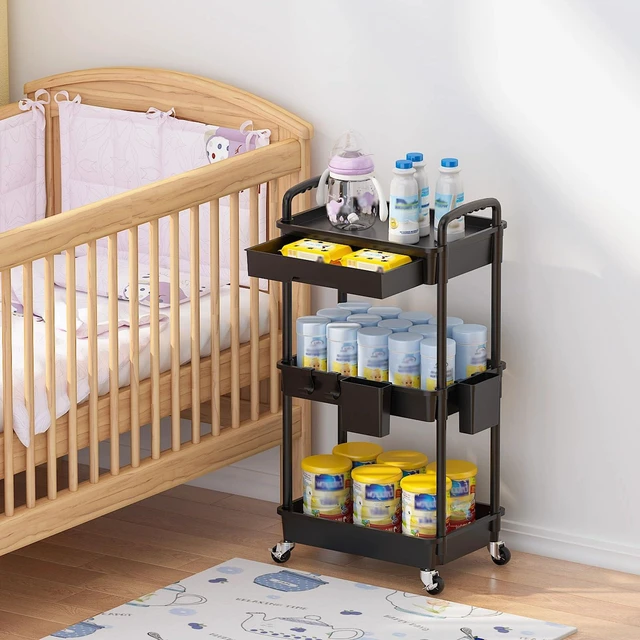 Alt view image 7 of 7 - 3 Tier Rolling Utility Cart with Drawer, Plastic Storage Organizer Rolling Carts with Wheels Handles Hanging Cups Hooks for Office, Bathroom, Kitchen,Craft Art Room (Black)
