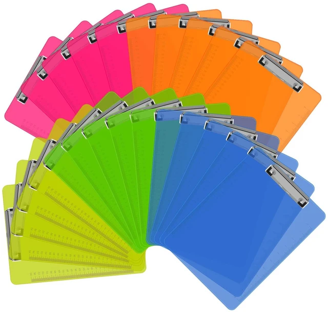 Main image of Clipboards, 25 Pack Plastic Clipboards Low Profile Clip Standard A4 Letter Size, Assorted Transparent Color, for Classroom and Office Use