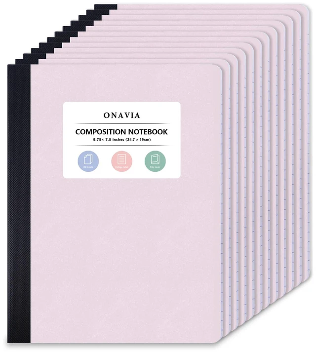 Main image of Pink Plastic Composition Notebook College Ruled Bulk, 160 Pages 80 Sheets, 9.75 x 7.5 in, 12 Pack Poly Cover Notebook, Waterproof, Durable, Sewn Binding, Notebooks for School