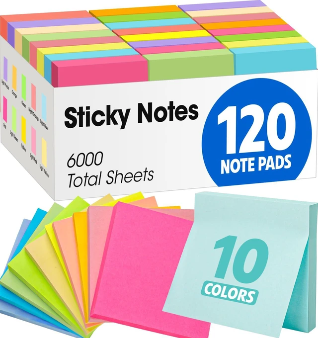 Main image of 120 Pads Sticky Notes 3x3, Bright Colors Self-Stick Pads Bulk, Super Sticky Notes, School Supplies, Office Products, 50 Sheet/Pad