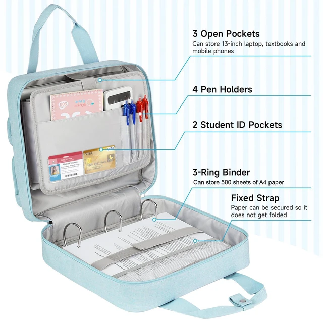 Alt view image 4 of 7 - Zipper Binder 3 Ring, 500 Sheets Capacity, Binder 2 Inch with Shoulder Strap Fits 13 Inch Laptop for School and Office,Blue