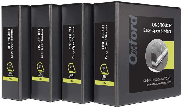 Main image of 3 Ring Binders, Binders for School and Office, 3 Inch ONE-Touch Easy Open D Rings, 3-Sided View Binder Covers, Xtralife Hinge, Non-Stick, PVC-Free, Black, 650-Sheet Capacity, 4 Pack (79914)