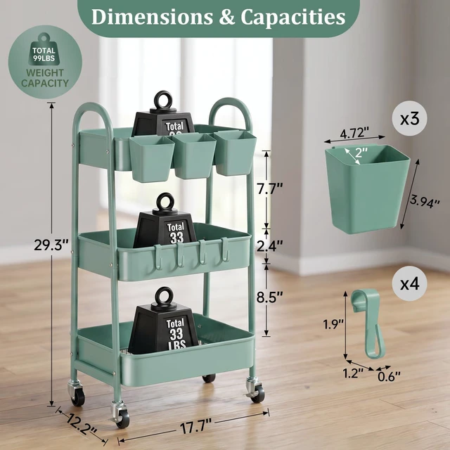 Alt view image 2 of 7 - 3-Tier Rolling Cart, Utility Cart Mobile Metal Rolling Storage Cart with Lockable Wheels & Hanging Cups & Hooks for Kitchen, Bathroom, Office, Workshop, Green