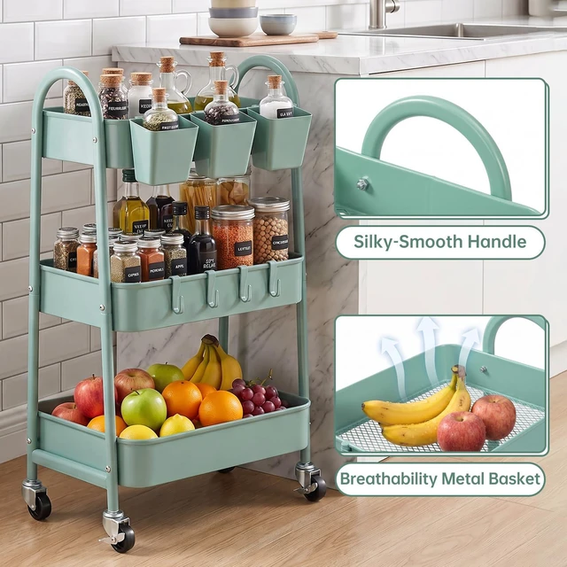 Alt view image 3 of 7 - 3-Tier Rolling Cart, Utility Cart Mobile Metal Rolling Storage Cart with Lockable Wheels & Hanging Cups & Hooks for Kitchen, Bathroom, Office, Workshop, Green