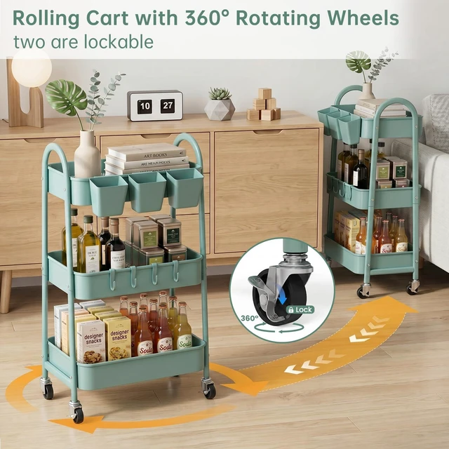 Alt view image 4 of 7 - 3-Tier Rolling Cart, Utility Cart Mobile Metal Rolling Storage Cart with Lockable Wheels & Hanging Cups & Hooks for Kitchen, Bathroom, Office, Workshop, Green