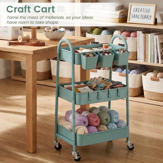 Alt view image 6 of 7 - 3-Tier Rolling Cart, Utility Cart Mobile Metal Rolling Storage Cart with Lockable Wheels & Hanging Cups & Hooks for Kitchen, Bathroom, Office, Workshop, Green