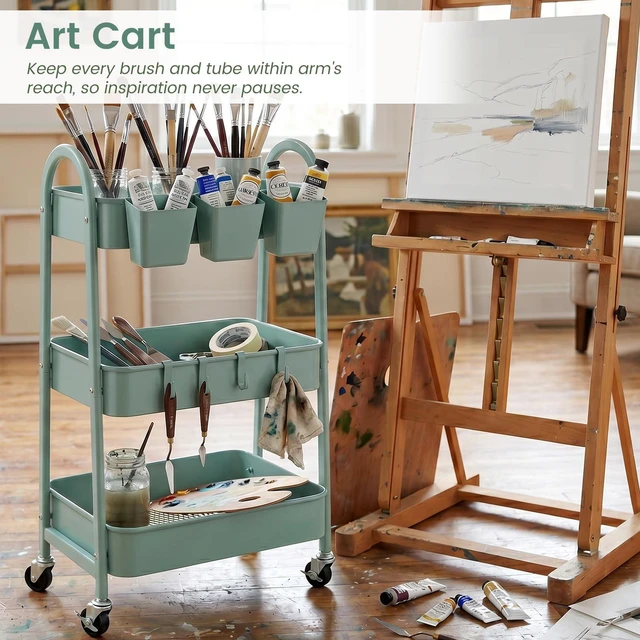 Alt view image 7 of 7 - 3-Tier Rolling Cart, Utility Cart Mobile Metal Rolling Storage Cart with Lockable Wheels & Hanging Cups & Hooks for Kitchen, Bathroom, Office, Workshop, Green