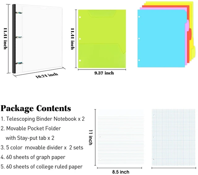 Alt view image 2 of 7 - All-in-one Telescoping Binder Notebook-2PCS, Refillable 3 Ring Notebook Binder with 1 Plastic Movable Pocket Folder,5 Plastic Subject dividers and Graph Paper and College Ruled Paper-White