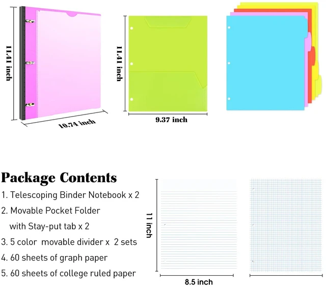 Alt view image 2 of 7 - All-in-one Telescoping Binder Notebook- 2PCS, Refillable 3 Ring Notebook Binder with 1 Plastic Movable Pocket Folder,5 Plastic Subject dividers and Graph Paper and College Ruled Paper- Pink