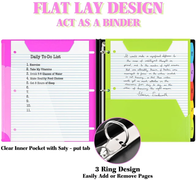 Alt view image 3 of 7 - All-in-one Telescoping Binder Notebook- 2PCS, Refillable 3 Ring Notebook Binder with 1 Plastic Movable Pocket Folder,5 Plastic Subject dividers and Graph Paper and College Ruled Paper- Pink