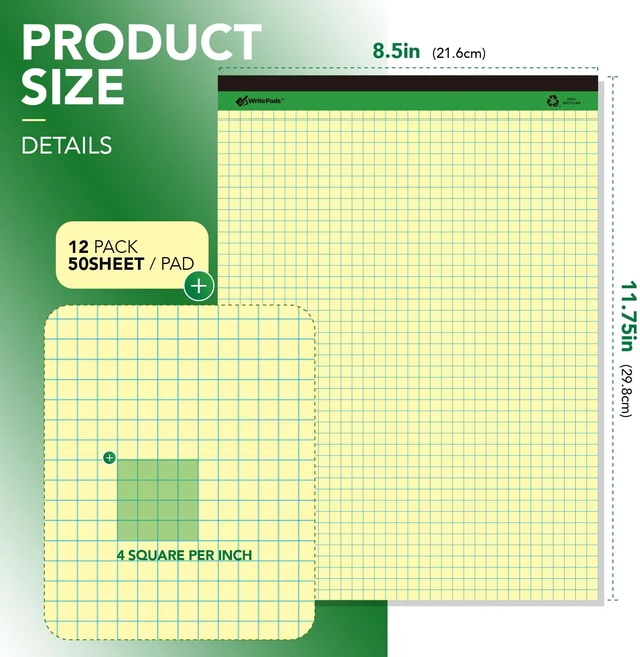 Alt view image 2 of 7 - Graph Paper Legal Pads Writing Pads Recycled Paper 8.5"x11.75" Quad Ruled 4x4 Perforated 50 sheets/pad Grid Paper Yellow Notepads Writing Tablet For Office Supplies (Canary 6pad, 8.5x11.75'')