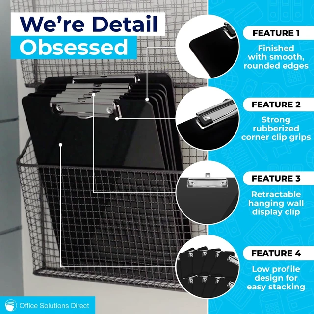 Alt view image 2 of 7 - Black Plastic Clipboards (Set of 12) Multipack - 12.5x9 Inch Clipboard Holds 100 Sheets, Low Profile | Colored Acrylic Clip Boards in Bulk for Kids & Professionals