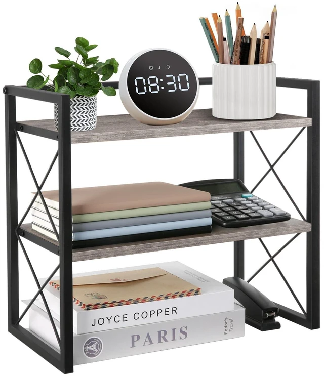 Main image of Desktop Shelf Organizer, 2 Tier Office Shelves, Wood Desk Organizer Storage Rack and Freestanding Display Shelf for Office, Dormitory, Home (Grey)