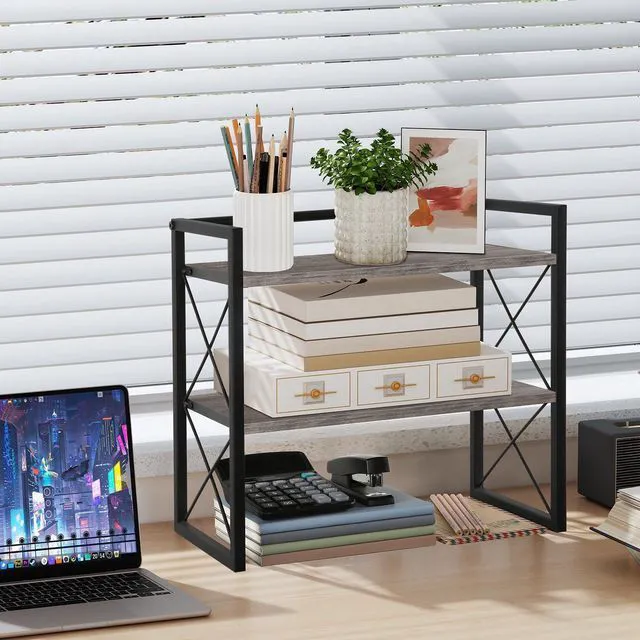 Alt view image 2 of 7 - Desktop Shelf Organizer, 2 Tier Office Shelves, Wood Desk Organizer Storage Rack and Freestanding Display Shelf for Office, Dormitory, Home (Grey)