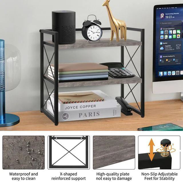 Alt view image 4 of 7 - Desktop Shelf Organizer, 2 Tier Office Shelves, Wood Desk Organizer Storage Rack and Freestanding Display Shelf for Office, Dormitory, Home (Grey)