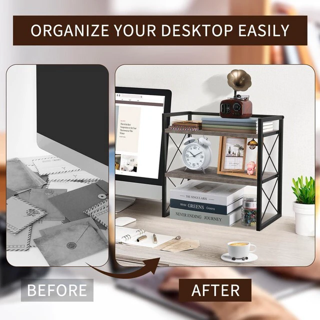 Alt view image 5 of 7 - Desktop Shelf Organizer, 2 Tier Office Shelves, Wood Desk Organizer Storage Rack and Freestanding Display Shelf for Office, Dormitory, Home (Grey)