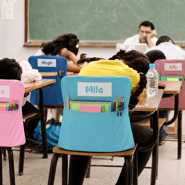 Alt view image 6 of 7 - 24 Pcs Chair Pockets for Classroom 17x20 Inch Classrooms with Name Tag Classroom Chair Pocket Storage for Keeping Student Books School Table Organized (Boho)