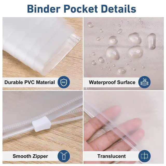 Alt view image 5 of 7 - 36 Pack Letter Size Binder Pockets for 3-Ring Binder Zipper Pouch Waterproof PVC Document Organizer 3-Hole Loose Leaf Folders File Sleeves Storage Bags Side Loading for Business Office Supplies