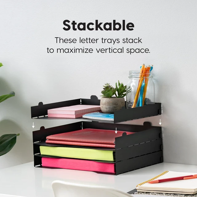 Alt view image 5 of 7 - 4-Pack Stackable Metal Letter Tray Organizer, Black Organize classroom papers, assignments and teaching materials with stackable trays for teachers, schools and educators