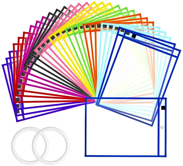 Main image of 50 Packs Dry Erase Pocket Sleeves, Reusable Clear Plastic Classroom Sleeves, 10x14 Inch Ticket Holders, for School/Office Organization, Assorted