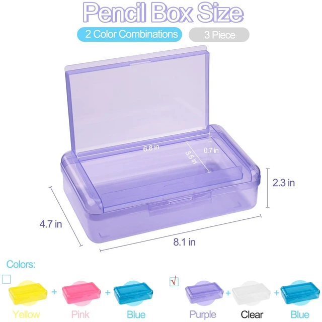 Alt view image 2 of 6 - Pencil Box, Large Capacity Pencil Boxes 2 Compartments, Hard Pencil Case with Snap-tight Lid, Plastic Storage Organizer Box(Blue,Clear,Purple, 3 Pack)