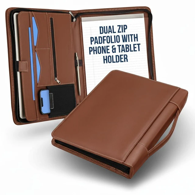 Main image of Tan Zipper Padfolio Portfolio Binder w/Carrying Handle | Organizer for Documents, iPad, Tablet, Notebook | Business Leather Binder for Men Women (No 3-Ring Binder)
