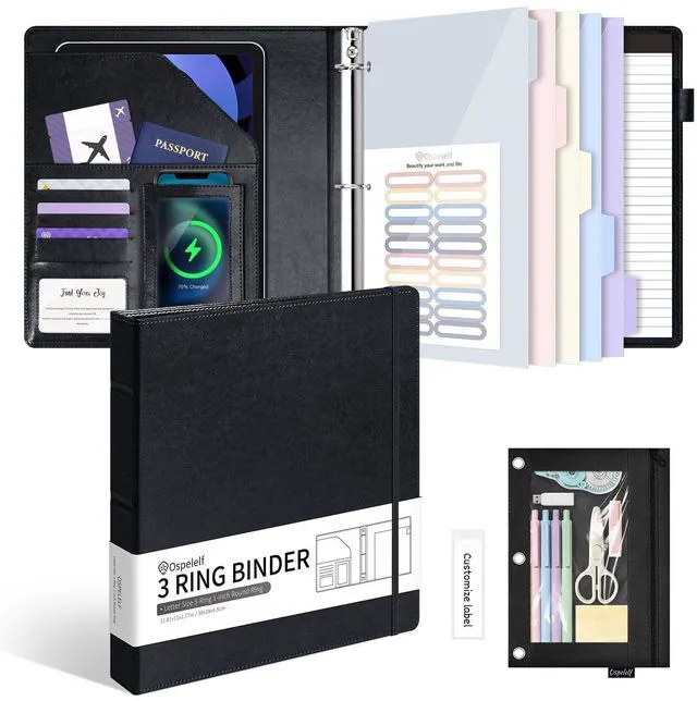 Main image of Leather 3 Ring Binder for Letter Size Documents with Pocketed Dividers, 1 Inch Round Rings, Holds 175 Sheets, Binders with Storage Bag & Notepad, for Office School Home Organization, Black