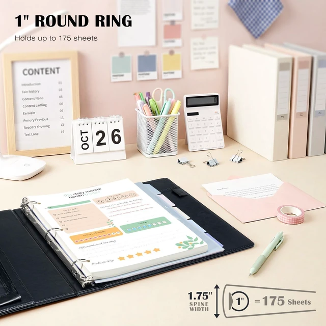 Alt view image 2 of 7 - Leather 3 Ring Binder for Letter Size Documents with Pocketed Dividers, 1 Inch Round Rings, Holds 175 Sheets, Binders with Storage Bag & Notepad, for Office School Home Organization, Black