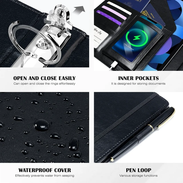 Alt view image 5 of 7 - Leather 3 Ring Binder for Letter Size Documents with Pocketed Dividers, 1 Inch Round Rings, Holds 175 Sheets, Binders with Storage Bag & Notepad, for Office School Home Organization, Black