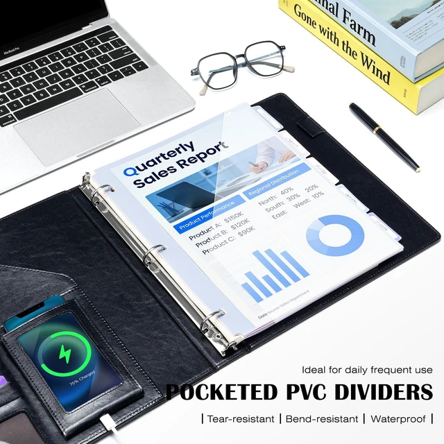 Alt view image 6 of 7 - Leather 3 Ring Binder for Letter Size Documents with Pocketed Dividers, 1 Inch Round Rings, Holds 175 Sheets, Binders with Storage Bag & Notepad, for Office School Home Organization, Black