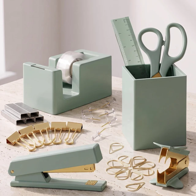Main image of Aesthetic Desk Accessories Set for Women - A Complete Office Organizer Set Office Supplies Kit with Gold Finish Includes Pen Holder, Scissors, Stapler, Tape Dispenser and More