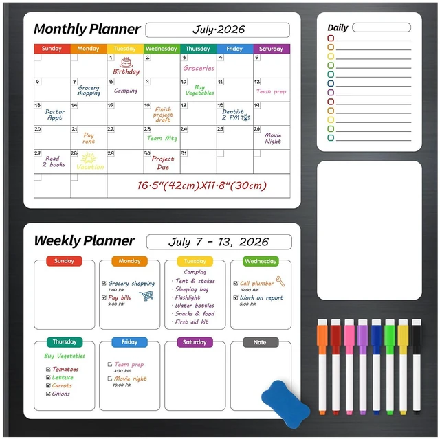 Main image of Fridge Calendar, Magnetic Calendar for Refrigerator, 4 Pack, White Fridge Whiteboard for Family Schedules, Meal Plans, Grocery Lists, Reminders, and Quick Updates(1 Eraser, 8 Markers)