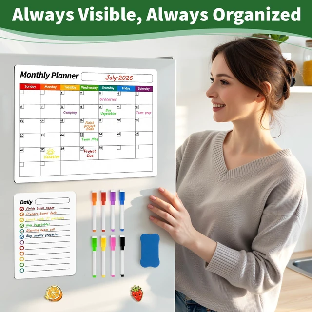 Alt view image 2 of 7 - Fridge Calendar, Magnetic Calendar for Refrigerator, 4 Pack, White Fridge Whiteboard for Family Schedules, Meal Plans, Grocery Lists, Reminders, and Quick Updates(1 Eraser, 8 Markers)