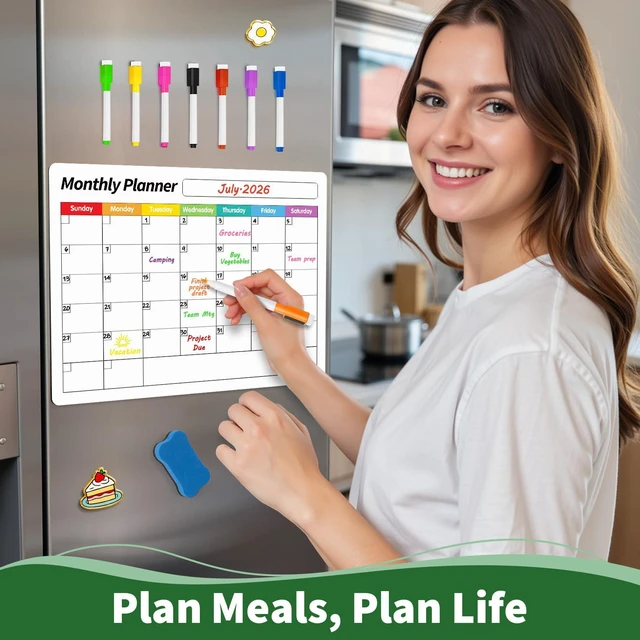 Alt view image 3 of 7 - Fridge Calendar, Magnetic Calendar for Refrigerator, 4 Pack, White Fridge Whiteboard for Family Schedules, Meal Plans, Grocery Lists, Reminders, and Quick Updates(1 Eraser, 8 Markers)