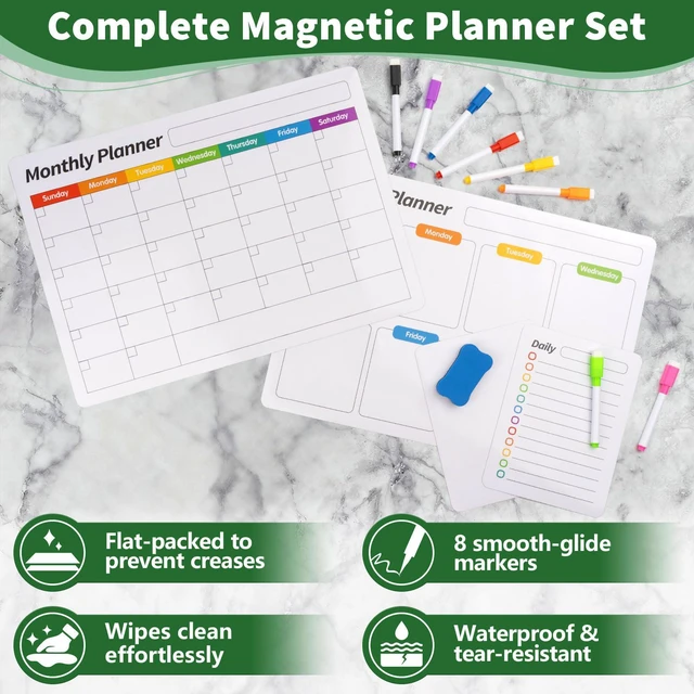 Alt view image 5 of 7 - Fridge Calendar, Magnetic Calendar for Refrigerator, 4 Pack, White Fridge Whiteboard for Family Schedules, Meal Plans, Grocery Lists, Reminders, and Quick Updates(1 Eraser, 8 Markers)