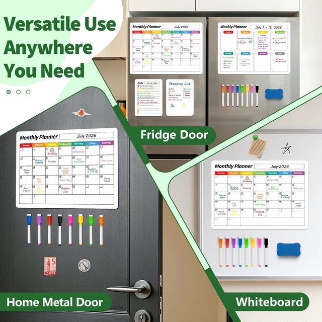 Alt view image 6 of 7 - Fridge Calendar, Magnetic Calendar for Refrigerator, 4 Pack, White Fridge Whiteboard for Family Schedules, Meal Plans, Grocery Lists, Reminders, and Quick Updates(1 Eraser, 8 Markers)