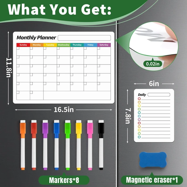 Alt view image 7 of 7 - Fridge Calendar, Magnetic Calendar for Refrigerator, 4 Pack, White Fridge Whiteboard for Family Schedules, Meal Plans, Grocery Lists, Reminders, and Quick Updates(1 Eraser, 8 Markers)