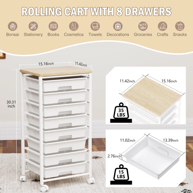 Alt view image 2 of 7 - Rolling Cart with 8 Drawers, Storage Drawers Cart with Wooden Tabletop and Lockable Wheels, Craft Storage for Living Room, Office, Classroom, Craft Room, Bedroom