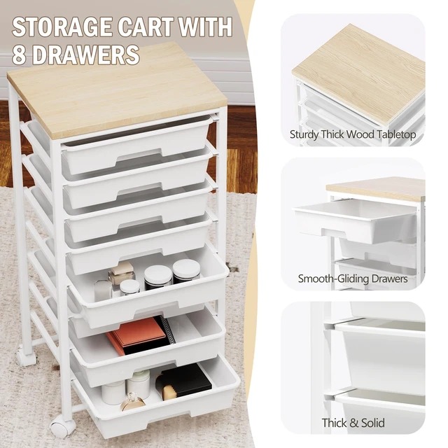 Alt view image 3 of 7 - Rolling Cart with 8 Drawers, Storage Drawers Cart with Wooden Tabletop and Lockable Wheels, Craft Storage for Living Room, Office, Classroom, Craft Room, Bedroom