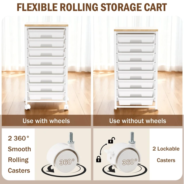 Alt view image 4 of 7 - Rolling Cart with 8 Drawers, Storage Drawers Cart with Wooden Tabletop and Lockable Wheels, Craft Storage for Living Room, Office, Classroom, Craft Room, Bedroom