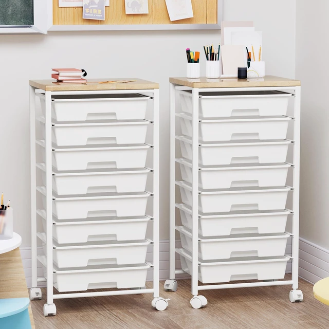 Alt view image 5 of 7 - Rolling Cart with 8 Drawers, Storage Drawers Cart with Wooden Tabletop and Lockable Wheels, Craft Storage for Living Room, Office, Classroom, Craft Room, Bedroom