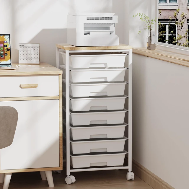 Alt view image 6 of 7 - Rolling Cart with 8 Drawers, Storage Drawers Cart with Wooden Tabletop and Lockable Wheels, Craft Storage for Living Room, Office, Classroom, Craft Room, Bedroom