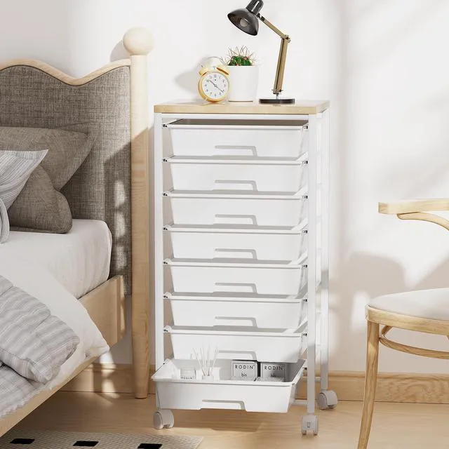 Alt view image 7 of 7 - Rolling Cart with 8 Drawers, Storage Drawers Cart with Wooden Tabletop and Lockable Wheels, Craft Storage for Living Room, Office, Classroom, Craft Room, Bedroom