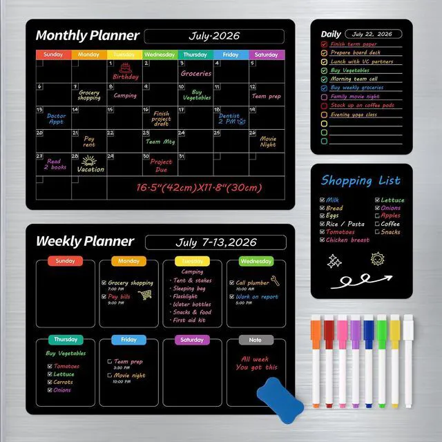 Main image of 4 Pack Fridge Calendar, Magnetic Calendar for Dry Erase, Black Magnetic Dry Erase Board, Monthly Calendar for Fridge with 8 Markers & Eraser for Cleaning Schedule and Checklist