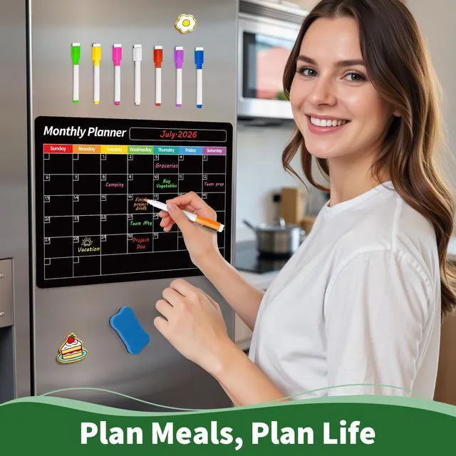 Alt view image 2 of 7 - 4 Pack Fridge Calendar, Magnetic Calendar for Dry Erase, Black Magnetic Dry Erase Board, Monthly Calendar for Fridge with 8 Markers & Eraser for Cleaning Schedule and Checklist